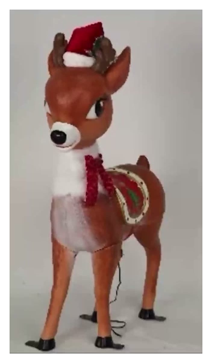 Animated plush reindeer with Santa hat, standing
