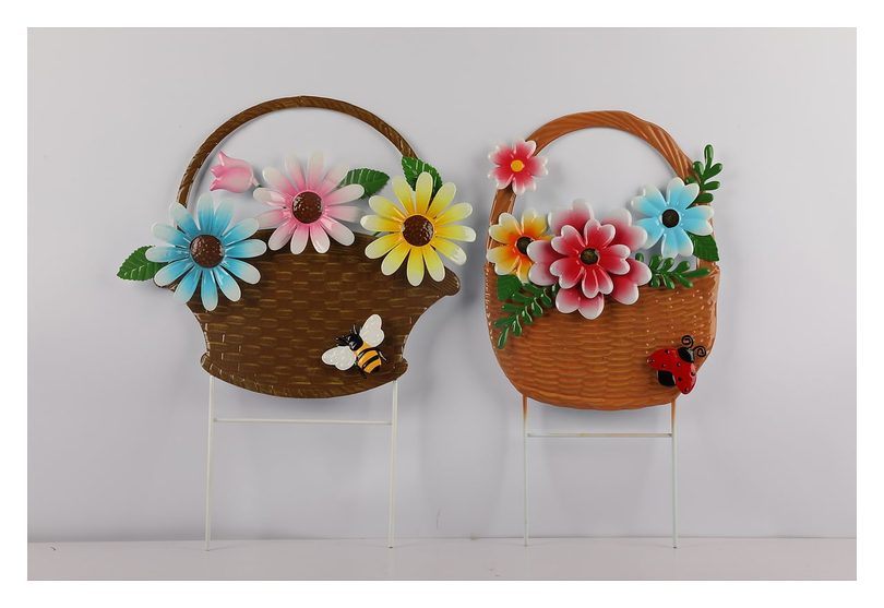 Flower basket metal wall decor, pair