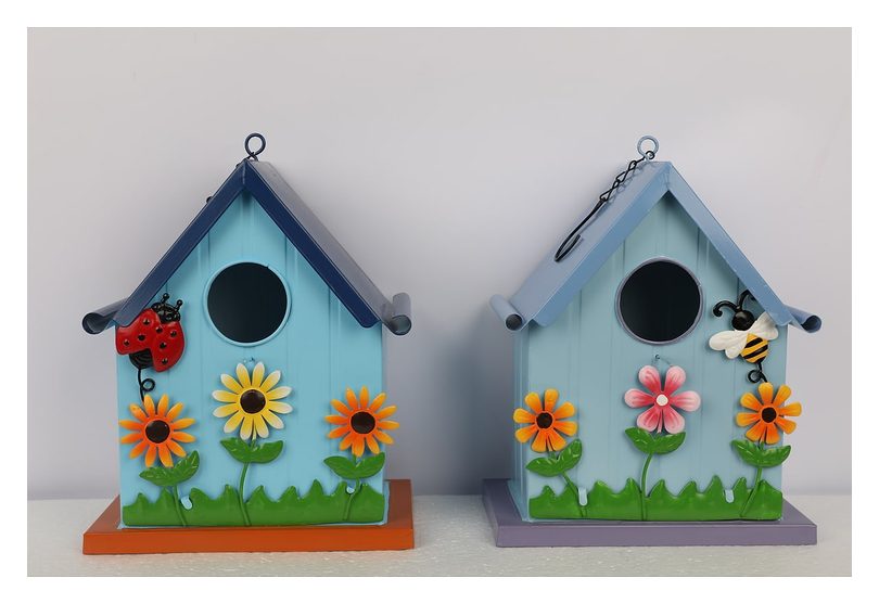 Sunflower birdhouse with bee, pair