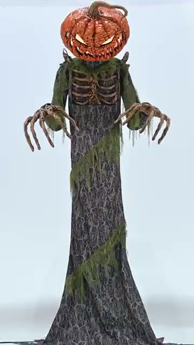 A standing animated figure: a carved pumpkin head on a tattered moss-and-grey robe with long clawed hands